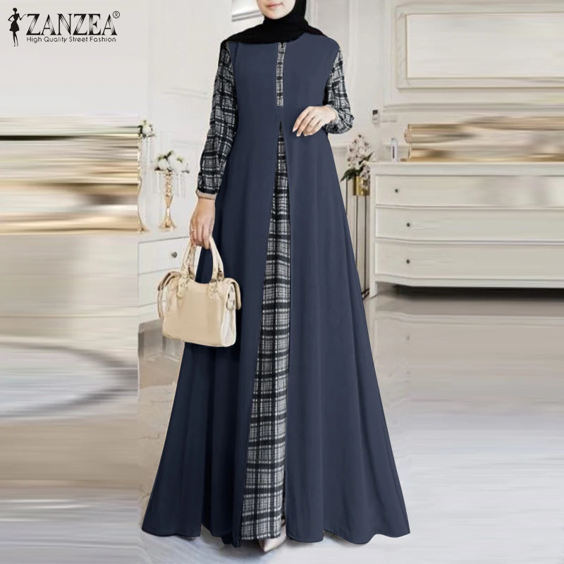 ZANZEA Women Patchwork Muslim Dress Fashion Abaya Robe Femme IsIamic Vestidos Kaftan Spring Long Sleeve Plaid Checked Sundress