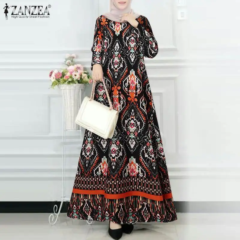 ZANZEA Muslim Women Ethnic Print Long Dresses Fashion Elegant Party Vestidos Mujer Hijab Casual Islamic Abaya Clothing 2024