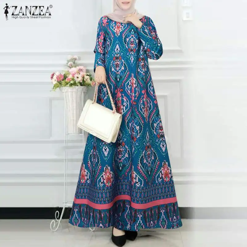 ZANZEA Muslim Women Ethnic Print Long Dresses Fashion Elegant Party Vestidos Mujer Hijab Casual Islamic Abaya Clothing 2024