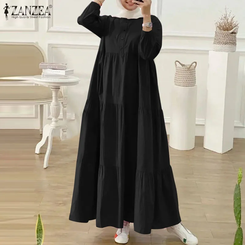 ZANZEA Women Muslim Abaya Long Dress Fashion Long Sleeve Solid Ruffles Kaftan Sundress Robe Femme Eid Mubarek Islamic Clothing