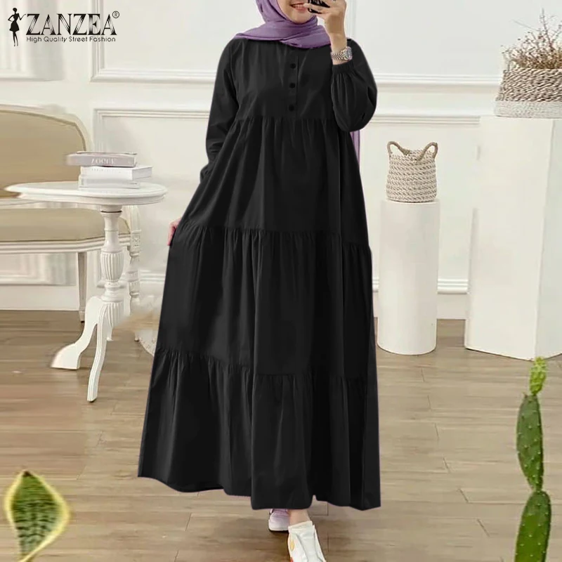 ZANZEA Women Muslim Abaya Long Dress Fashion Long Sleeve Solid Ruffles Kaftan Sundress Robe Femme Eid Mubarek Islamic Clothing