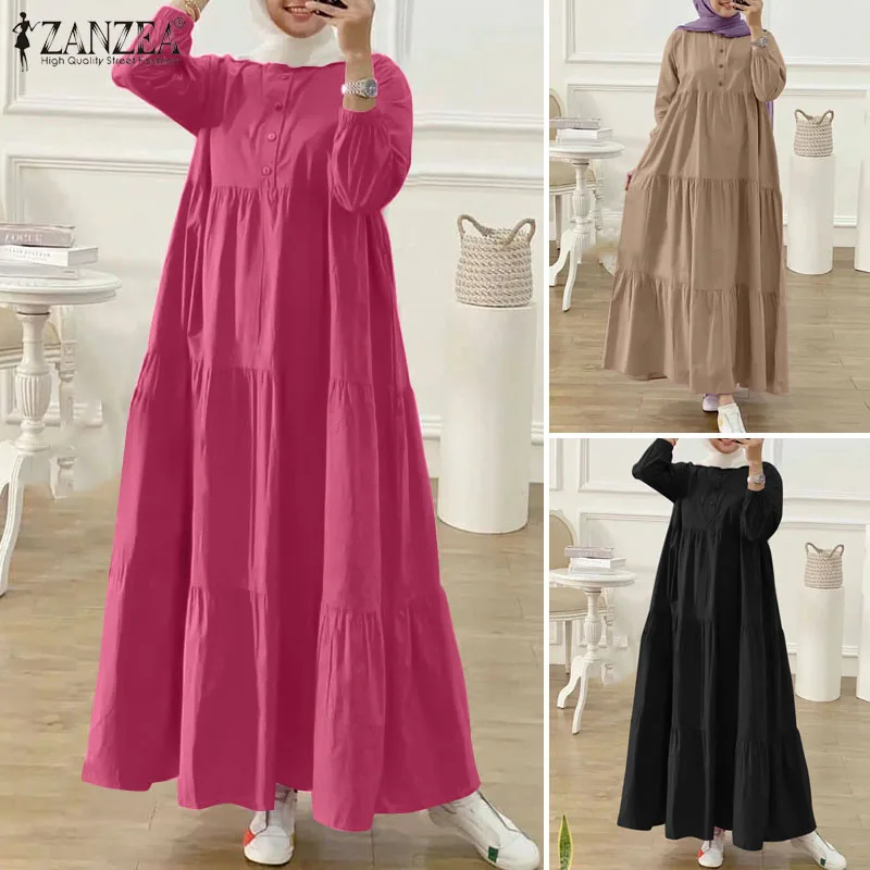 ZANZEA Women Muslim Abaya Long Dress Fashion Long Sleeve Solid Ruffles Kaftan Sundress Robe Femme Eid Mubarek Islamic Clothing