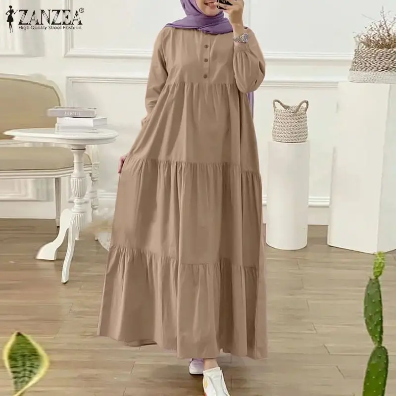 ZANZEA Women Muslim Abaya Long Dress Fashion Long Sleeve Solid Ruffles Kaftan Sundress Robe Femme Eid Mubarek Islamic Clothing