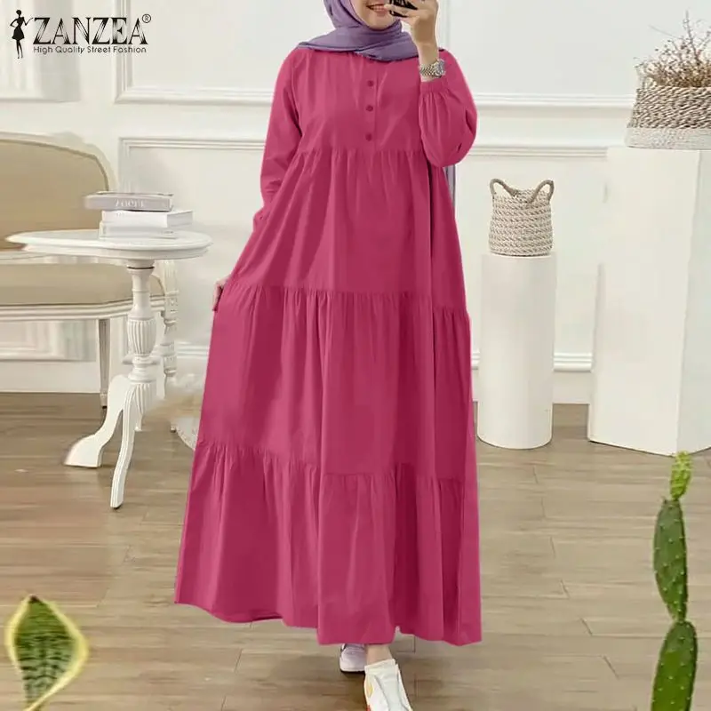 ZANZEA Women Muslim Abaya Long Dress Fashion Long Sleeve Solid Ruffles Kaftan Sundress Robe Femme Eid Mubarek Islamic Clothing