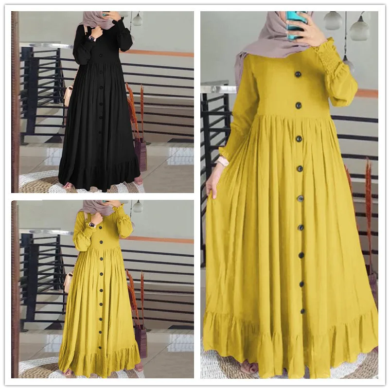 New Women Muslim Long Dresses Fashion Vintage Petal Sleeve Ruffle Hem Sundress Female Casual Cotton Linen Maxi Dress Muslim Robe