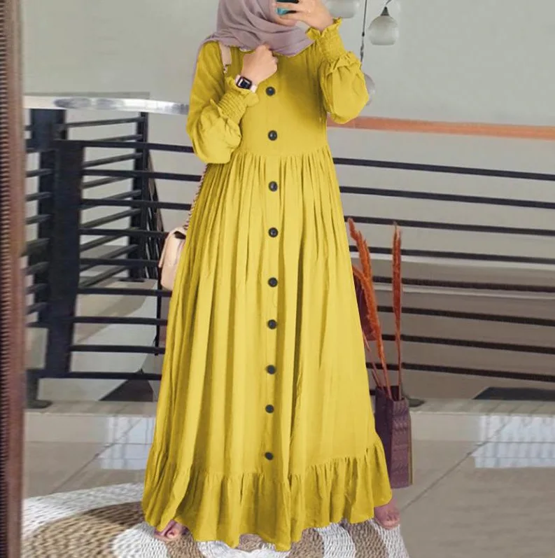 New Women Muslim Long Dresses Fashion Vintage Petal Sleeve Ruffle Hem Sundress Female Casual Cotton Linen Maxi Dress Muslim Robe