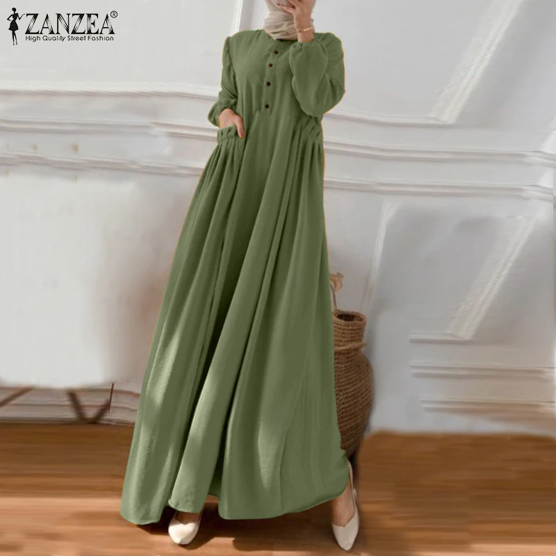 ZANZEA Eid Mubarek Abaya Muslim Long Dress Women Long Sleeve Maxi Sundress Robe Femme Turkey Hijab Vestidos Islamic Clohting