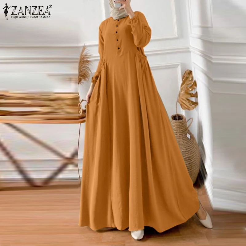 ZANZEA Eid Mubarek Abaya Muslim Long Dress Women Long Sleeve Maxi Sundress Robe Femme Turkey Hijab Vestidos Islamic Clohting