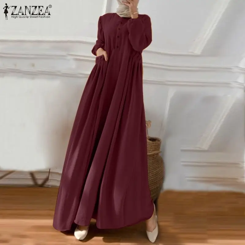 ZANZEA Eid Mubarek Abaya Muslim Long Dress Women Long Sleeve Maxi Sundress Robe Femme Turkey Hijab Vestidos Islamic Clohting