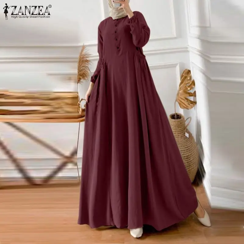 ZANZEA Eid Mubarek Abaya Muslim Long Dress Women Long Sleeve Maxi Sundress Robe Femme Turkey Hijab Vestidos Islamic Clohting