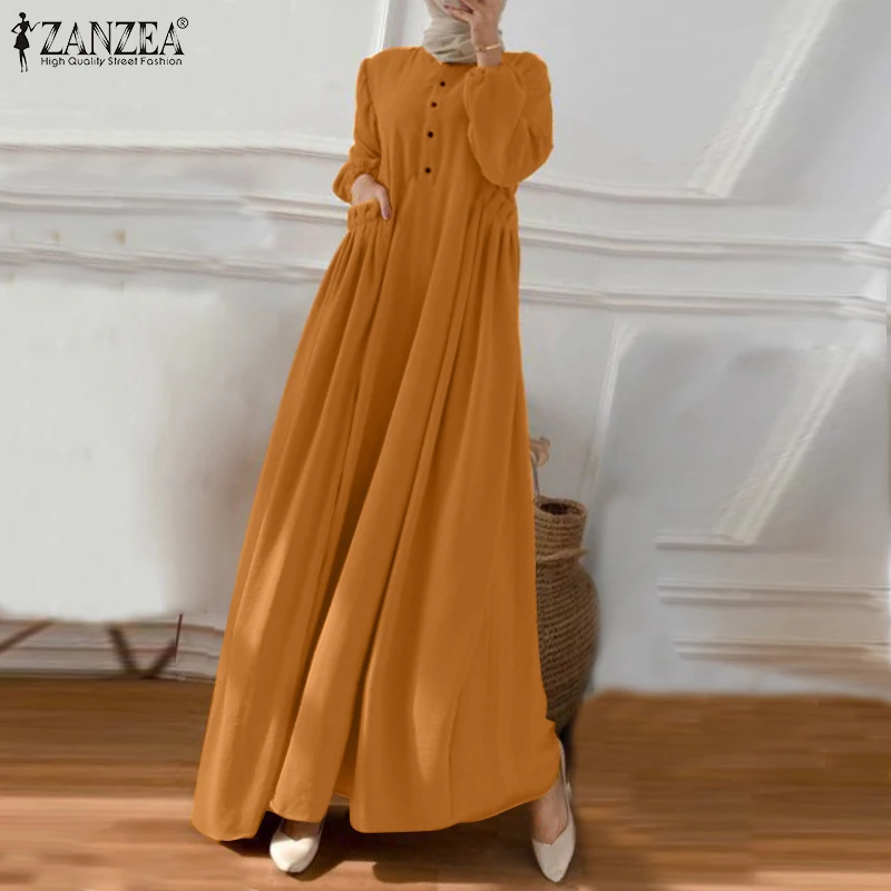 ZANZEA Eid Mubarek Abaya Muslim Long Dress Women Long Sleeve Maxi Sundress Robe Femme Turkey Hijab Vestidos Islamic Clohting