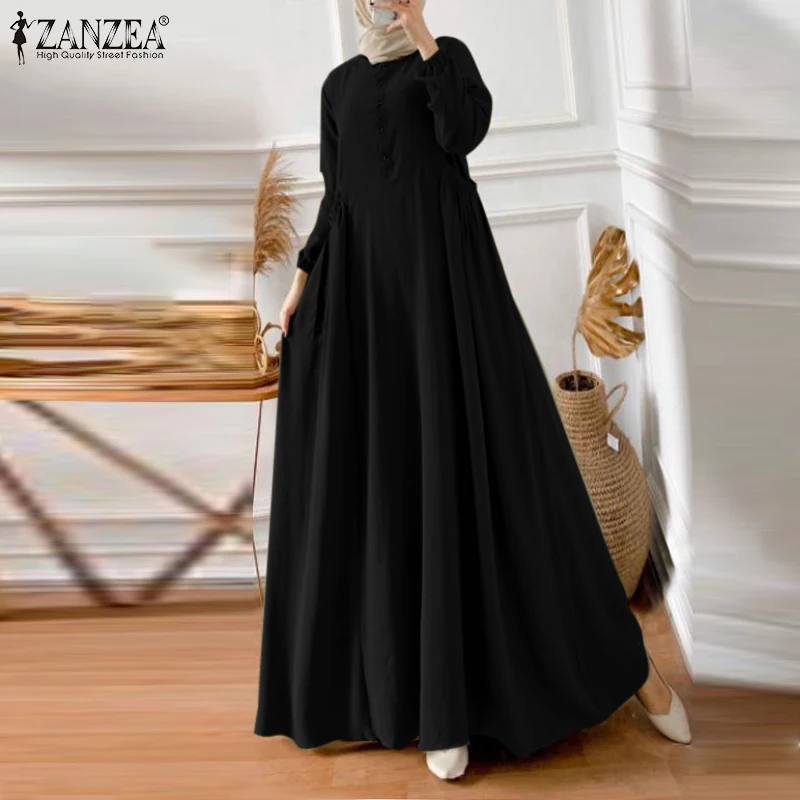 ZANZEA Eid Mubarek Abaya Muslim Long Dress Women Long Sleeve Maxi Sundress Robe Femme Turkey Hijab Vestidos Islamic Clohting