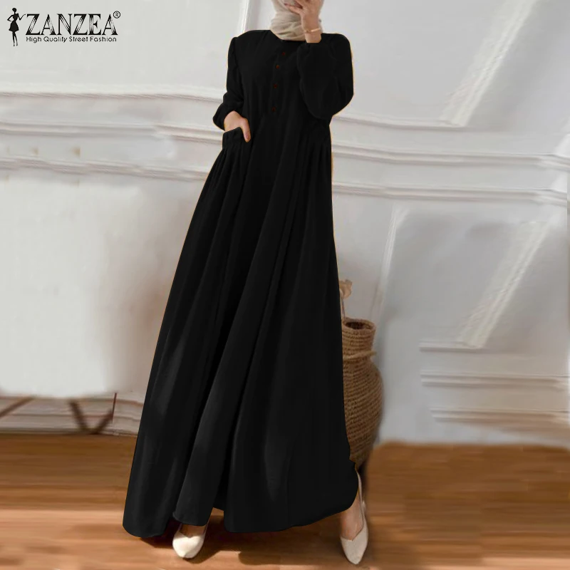 ZANZEA Eid Mubarek Abaya Muslim Long Dress Women Long Sleeve Maxi Sundress Robe Femme Turkey Hijab Vestidos Islamic Clohting