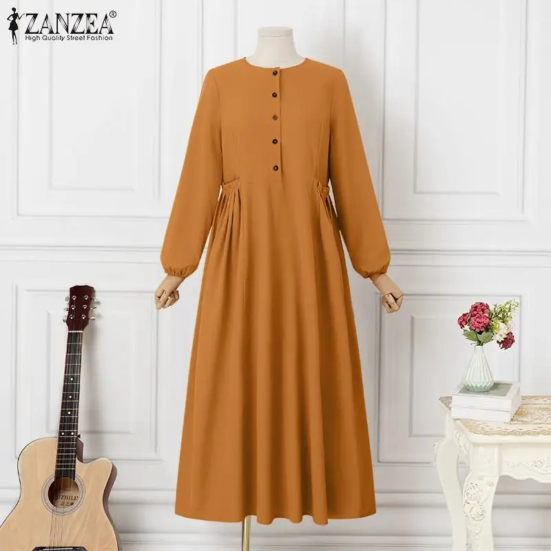 ZANZEA Eid Mubarek Abaya Muslim Long Dress Women Long Sleeve Maxi Sundress Robe Femme Turkey Hijab Vestidos Islamic Clohting