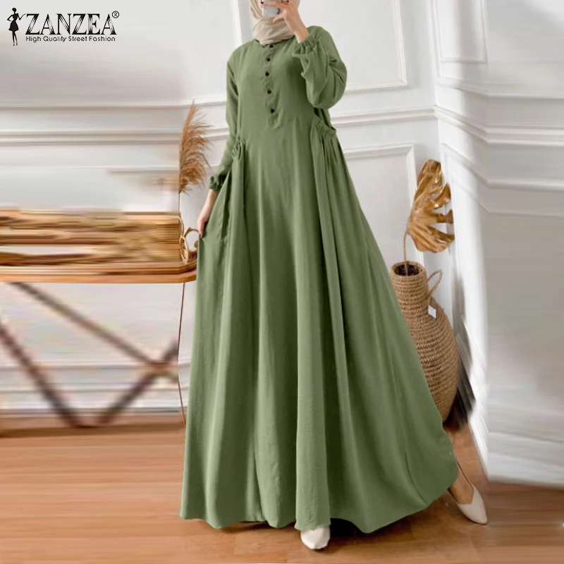 ZANZEA Eid Mubarek Abaya Muslim Long Dress Women Long Sleeve Maxi Sundress Robe Femme Turkey Hijab Vestidos Islamic Clohting