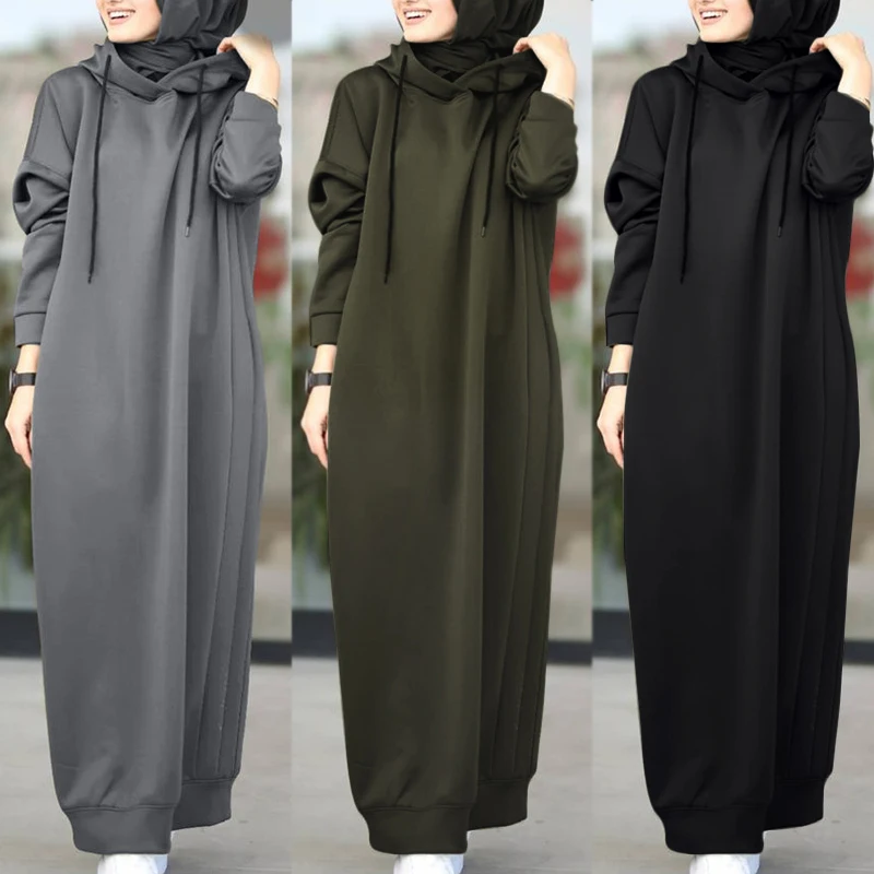 Women Winter Pullovers ZANZEA 2023 Stylish Hooded Hoodies Dress Casual Long Sleeve Maxi Vestidos Female Drawstring Robe Femme