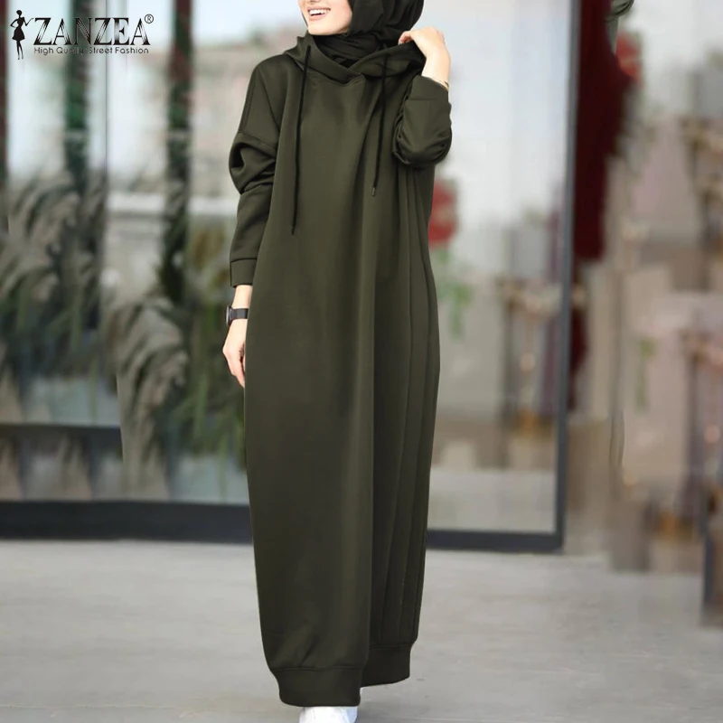 Women Winter Pullovers ZANZEA 2023 Stylish Hooded Hoodies Dress Casual Long Sleeve Maxi Vestidos Female Drawstring Robe Femme