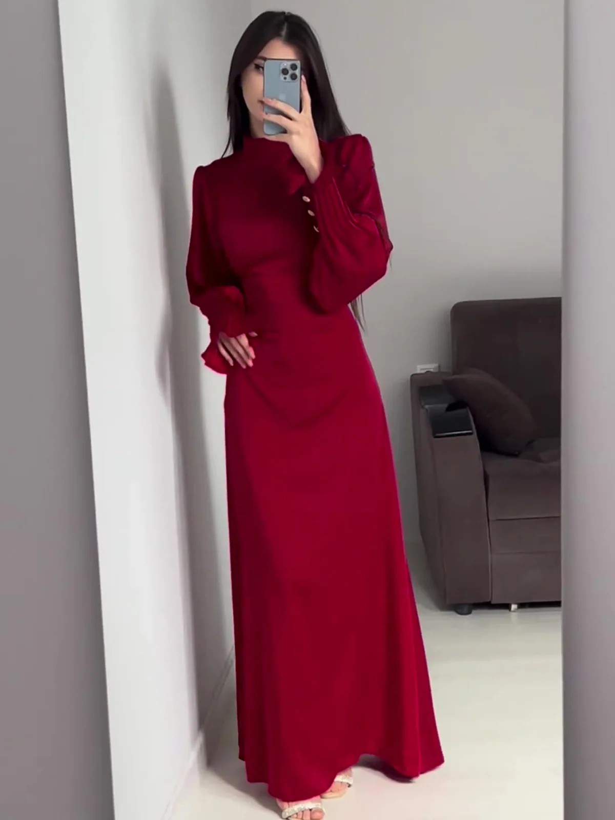 Spring Eid Muslim Dress Women Abaya Slim Fit Petal Sleeve Satin Morocco Party Dresses Ramadan Islam Dubai Arab Long Robe 2024