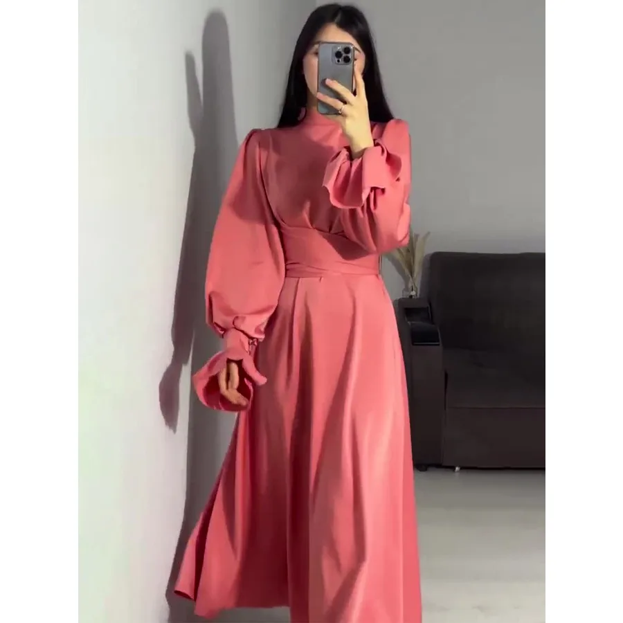 Eid Satin Muslim Dress for Women Abaya Party Dresses Ramadan Lace-up Islam Flare Sleeve Vestidos Largo Dubai Arab Long Robe 2024