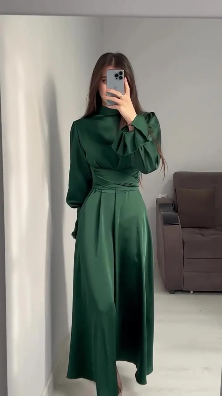 Eid Satin Muslim Dress for Women Abaya Party Dresses Ramadan Lace-up Islam Flare Sleeve Vestidos Largo Dubai Arab Long Robe 2024