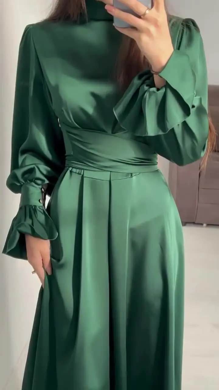 Eid Satin Muslim Dress for Women Abaya Party Dresses Ramadan Lace-up Islam Flare Sleeve Vestidos Largo Dubai Arab Long Robe 2024