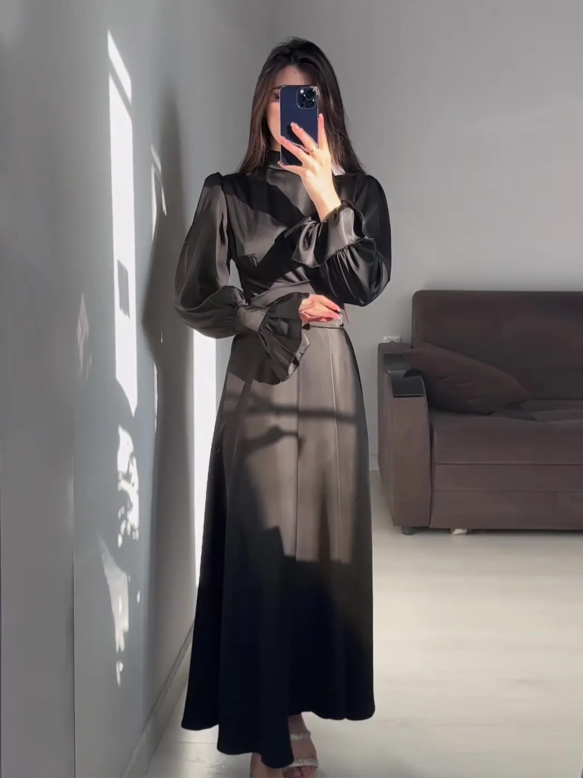 Eid Satin Muslim Dress for Women Abaya Party Dresses Ramadan Lace-up Islam Flare Sleeve Vestidos Largo Dubai Arab Long Robe 2024