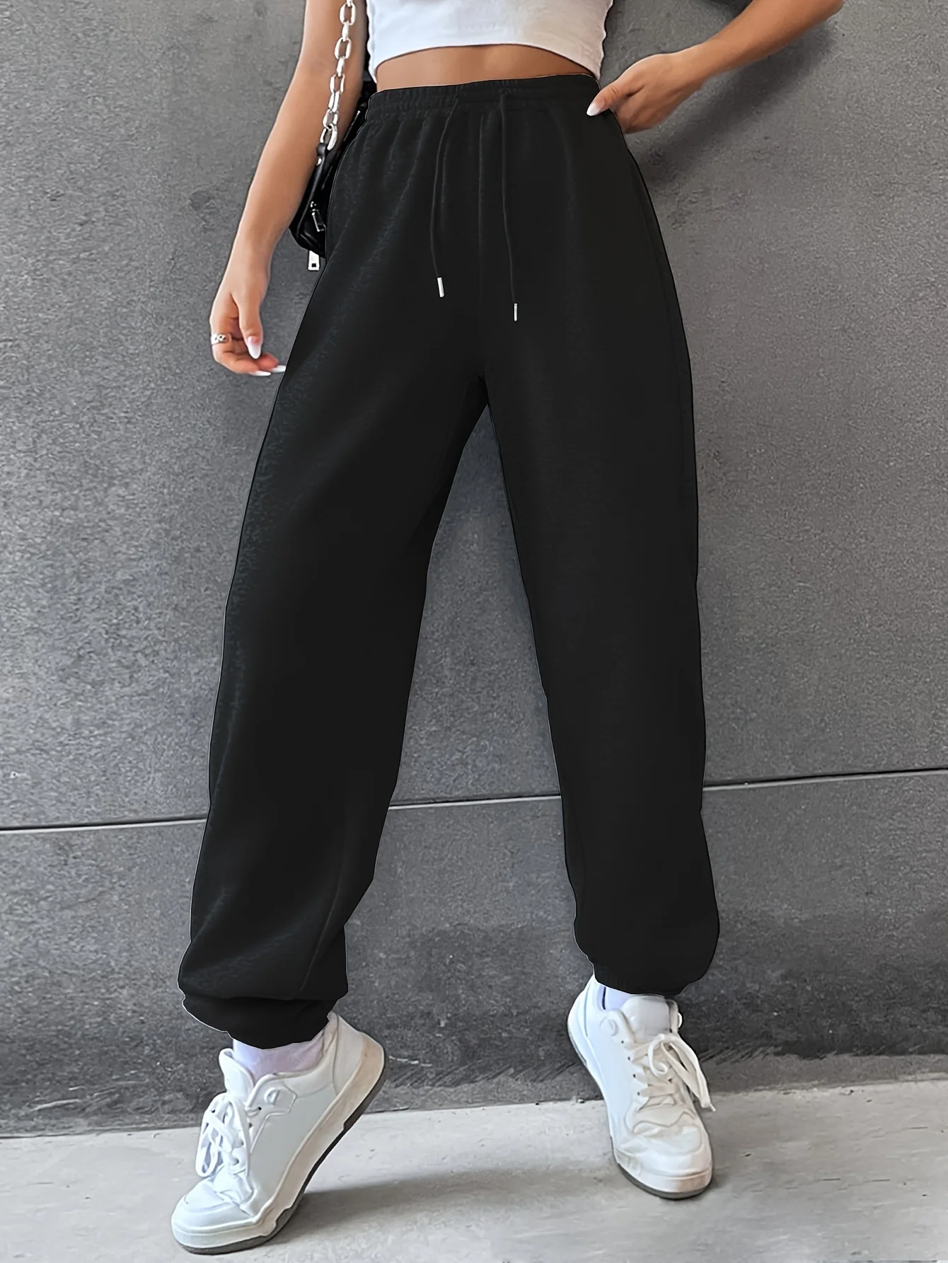 Solid Color Casual Sports Pants Drawstring Elastic Waist Running Jogging Sweatpants Women's Athleisure