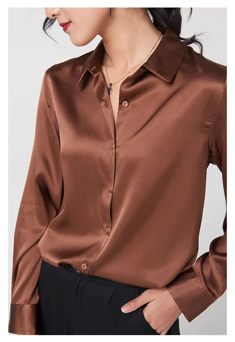 Woman Silk Shirt Long-sleeved Satin Women Blouse 100% 19mm Natural Silk New Mulberry Silk Blouse Loose and Versatile Base Shirt