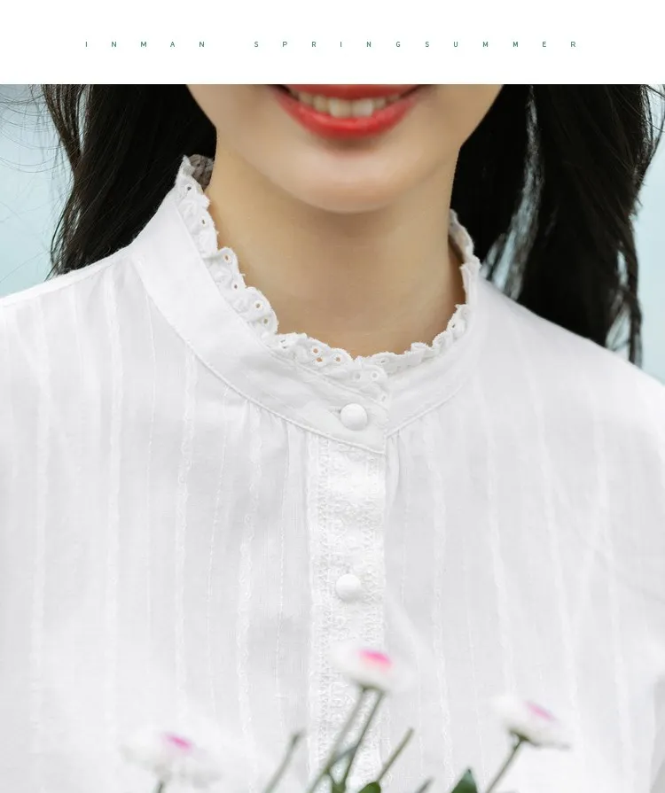 INMAN Women‘s Blouse Spring Autumn Clothing Elegant Cotton Tops Lady Style Hollow Fungus Collar Bow Tie Long Sleeve Basic Shirt