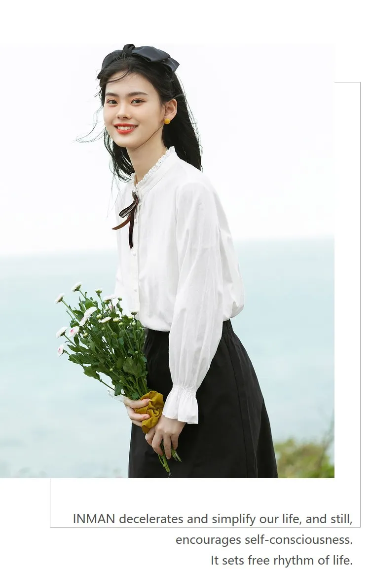 INMAN Women‘s Blouse Spring Autumn Clothing Elegant Cotton Tops Lady Style Hollow Fungus Collar Bow Tie Long Sleeve Basic Shirt