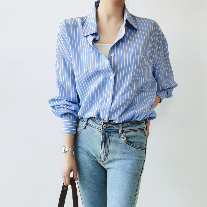 Naizaiga  100 mulberry silk 16mm French blue and white striped  long-sleeved silk shirt female button loose  Women cardigan XZ1