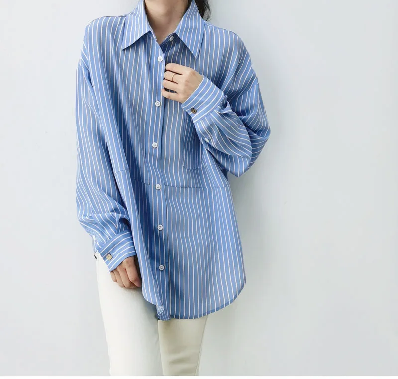 Naizaiga  100 mulberry silk 16mm French blue and white striped  long-sleeved silk shirt female button loose  Women cardigan XZ1