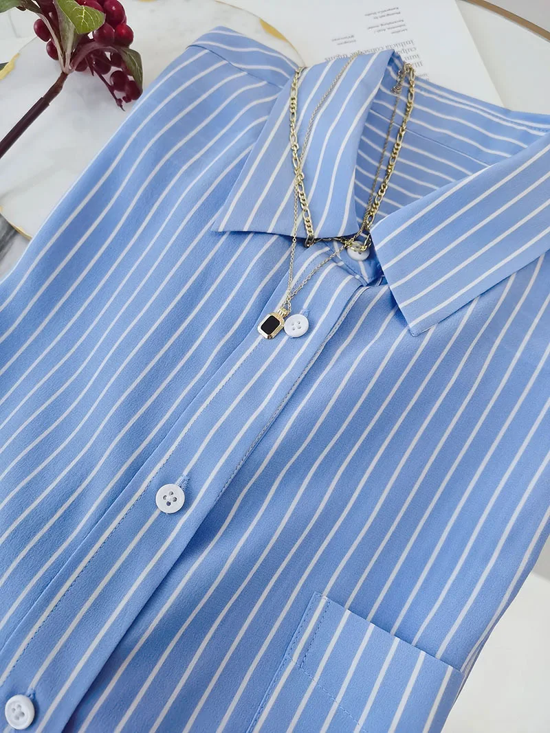 Naizaiga  100 mulberry silk 16mm French blue and white striped  long-sleeved silk shirt female button loose  Women cardigan XZ1