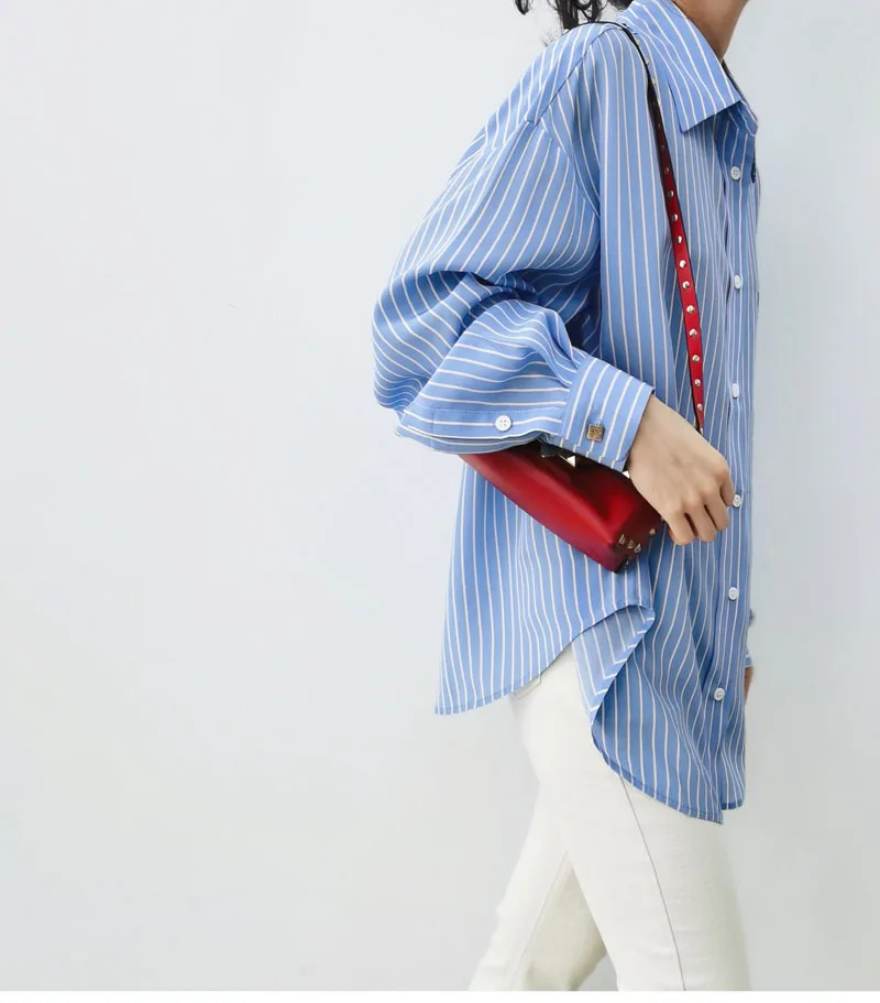 Naizaiga  100 mulberry silk 16mm French blue and white striped  long-sleeved silk shirt female button loose  Women cardigan XZ1