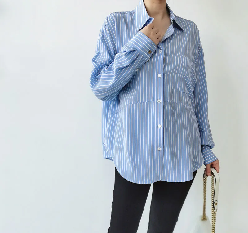 Naizaiga  100 mulberry silk 16mm French blue and white striped  long-sleeved silk shirt female button loose  Women cardigan XZ1