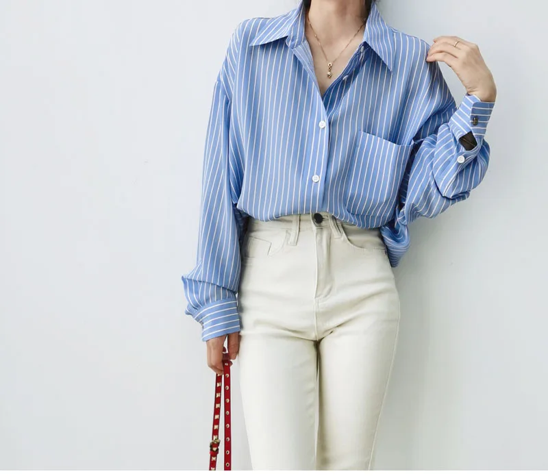 Naizaiga  100 mulberry silk 16mm French blue and white striped  long-sleeved silk shirt female button loose  Women cardigan XZ1