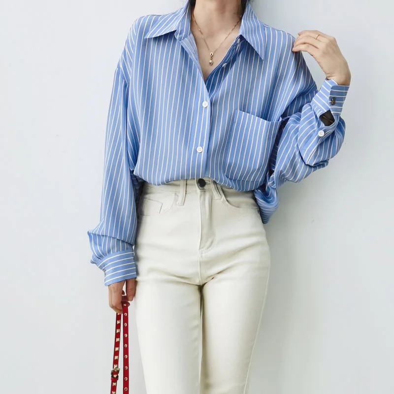 Naizaiga  100 mulberry silk 16mm French blue and white striped  long-sleeved silk shirt female button loose  Women cardigan XZ1