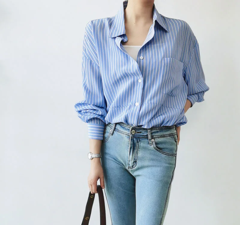 Naizaiga  100 mulberry silk 16mm French blue and white striped  long-sleeved silk shirt female button loose  Women cardigan XZ1