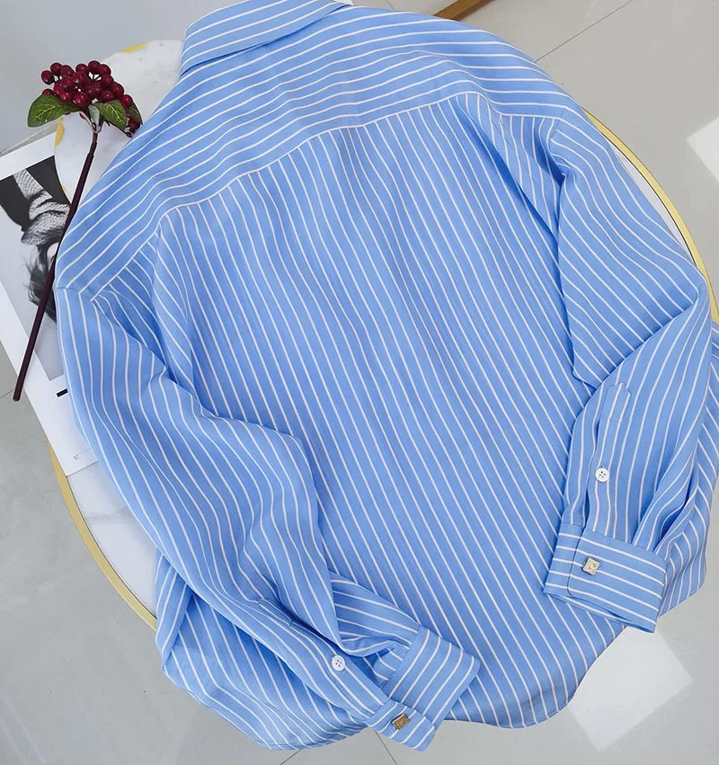 Naizaiga  100 mulberry silk 16mm French blue and white striped  long-sleeved silk shirt female button loose  Women cardigan XZ1