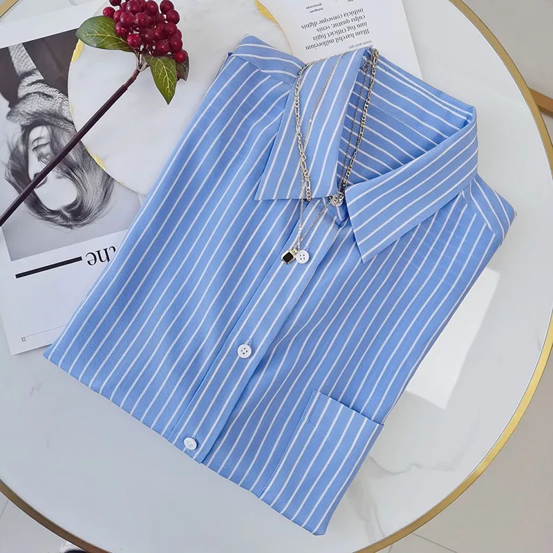 Naizaiga  100 mulberry silk 16mm French blue and white striped  long-sleeved silk shirt female button loose  Women cardigan XZ1