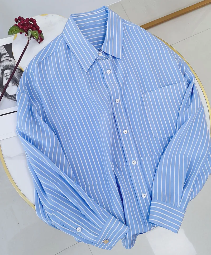 Naizaiga  100 mulberry silk 16mm French blue and white striped  long-sleeved silk shirt female button loose  Women cardigan XZ1