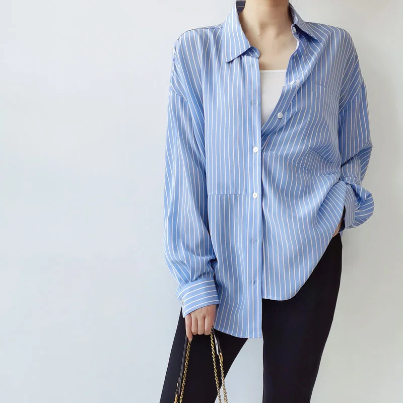 Naizaiga  100 mulberry silk 16mm French blue and white striped  long-sleeved silk shirt female button loose  Women cardigan XZ1