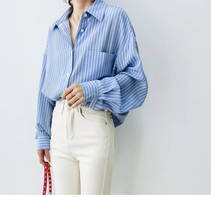 Naizaiga  100 mulberry silk 16mm French blue and white striped  long-sleeved silk shirt female button loose  Women cardigan XZ1