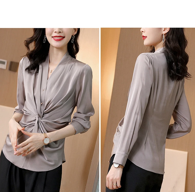 Silk Blouse Women Shirt Elegant Style 89% Silk Solid 2 Colors V Neck Long Sleeves Pleated Design Top New Fashion