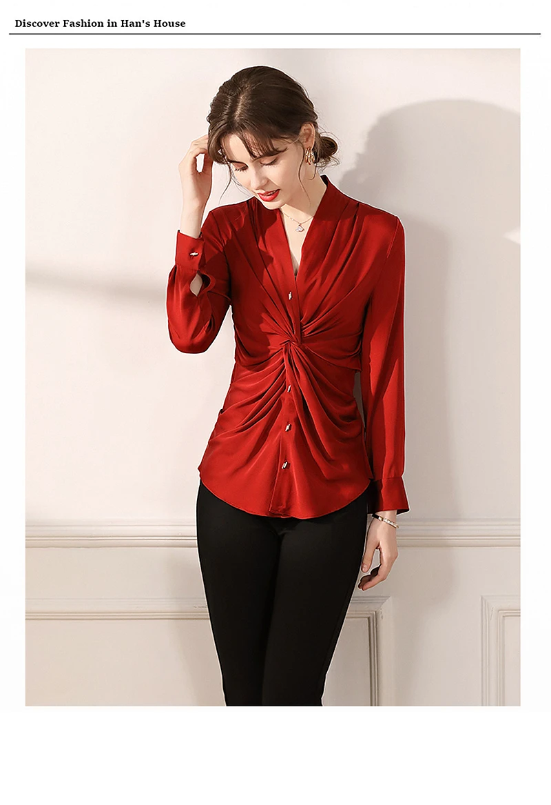 Silk Blouse Women Shirt Elegant Style 89% Silk Solid 2 Colors V Neck Long Sleeves Pleated Design Top New Fashion