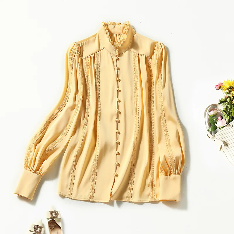 Birdsky, Women long sleeve shirts blouse office lady top lace split joint 100% natural mulberry silk solid color, S-369