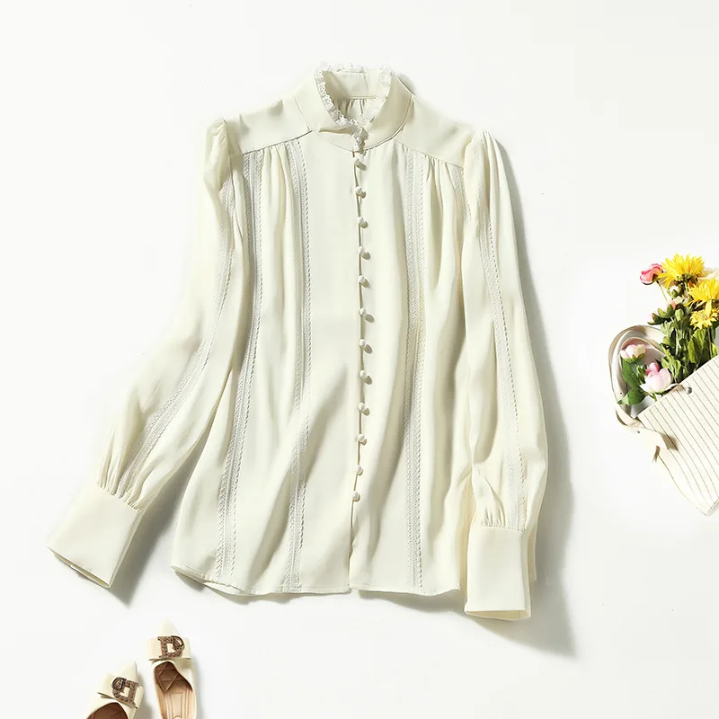 Birdsky, Women long sleeve shirts blouse office lady top lace split joint 100% natural mulberry silk solid color, S-369