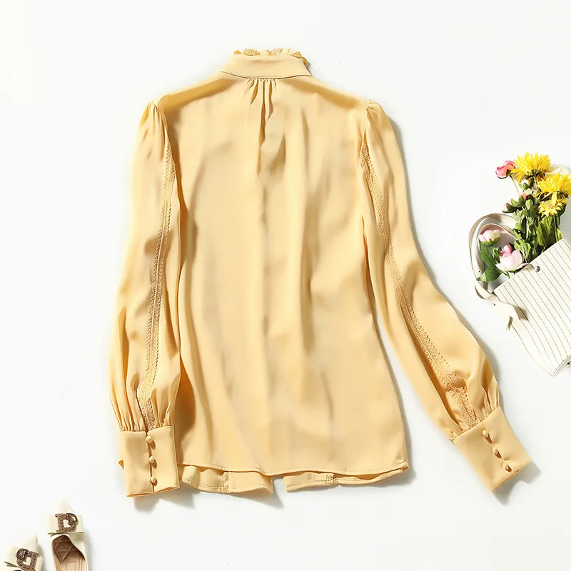 Birdsky, Women long sleeve shirts blouse office lady top lace split joint 100% natural mulberry silk solid color, S-369