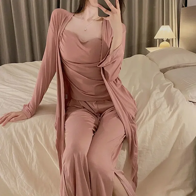 Pajamas Woman 4/3 Pcs Sexy Sleepwear Lingerie Set With Chest Pad Modal Pyjamamas Long Sleeve Pure Cotton Home Negligee Homewear