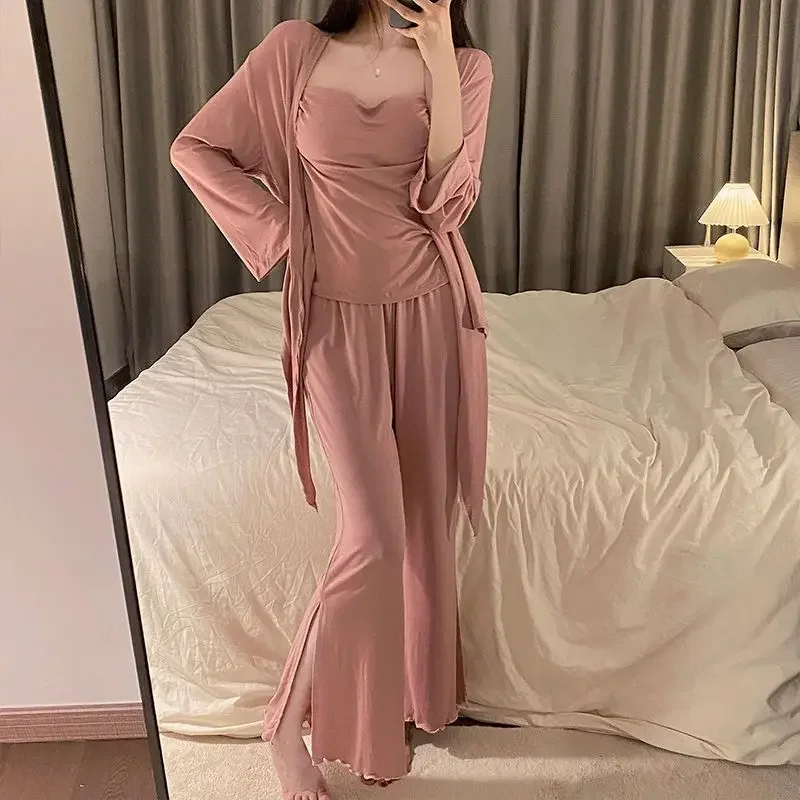 Pajamas Woman 4/3 Pcs Sexy Sleepwear Lingerie Set With Chest Pad Modal Pyjamamas Long Sleeve Pure Cotton Home Negligee Homewear